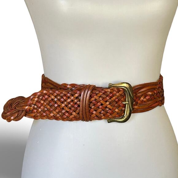VTG 80s/90s Italian Leather Braided Belt Gold Tone Buckle S